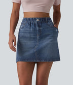 Jupe décontractée taille haute en denim imprimé, molleton français, avec poches