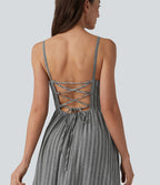 Robe nuisette midi fluide décontractée à rayures style corset lacé avec poches