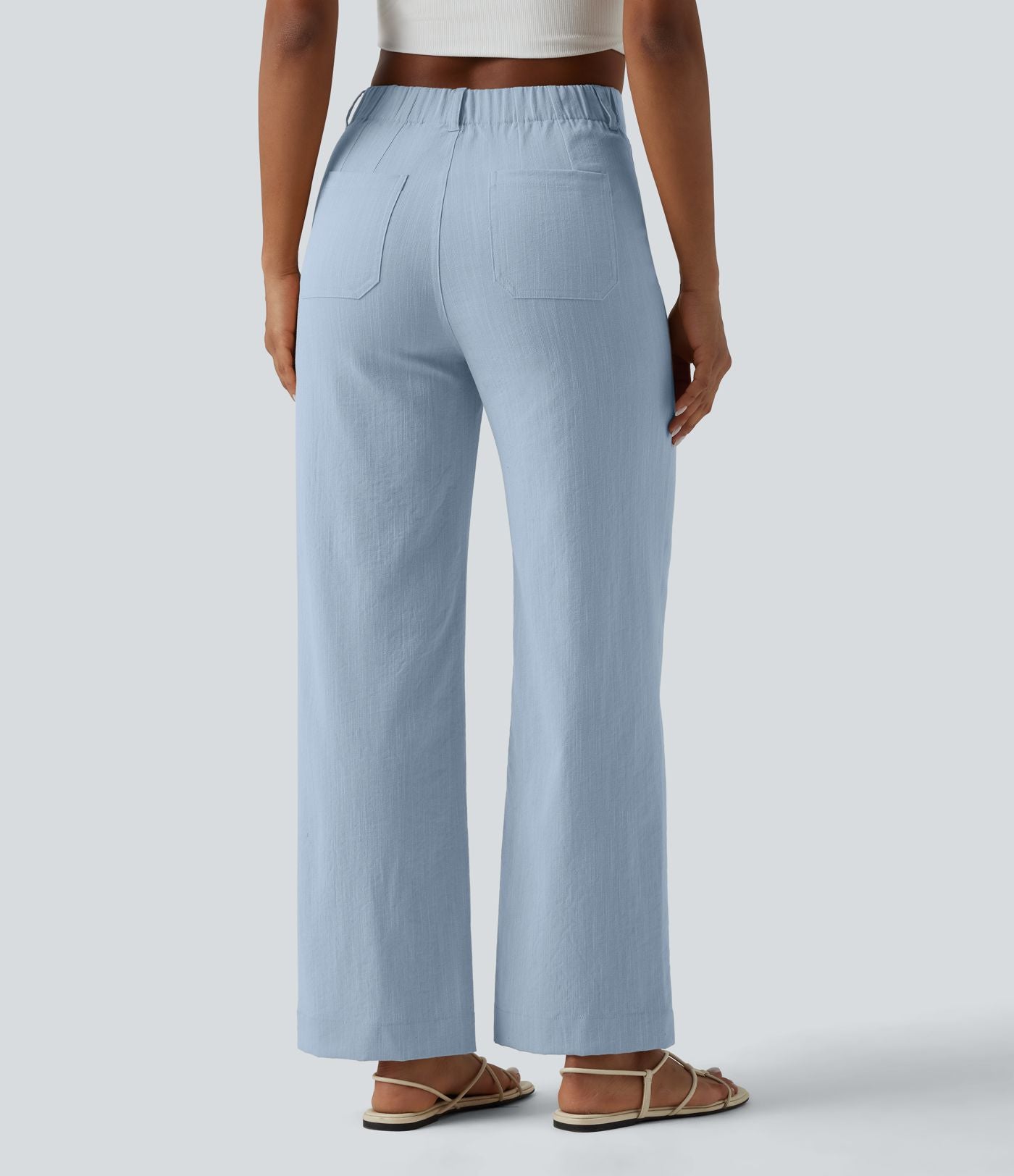 Pantalon taille haute coupe droite effet lin avec poches