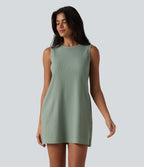 Robe mini gaufrée en coton col rond sans manches avec poches