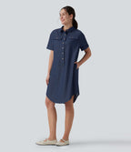 Robe casual mi-longue col manches courtes ourlet courbe avec poches