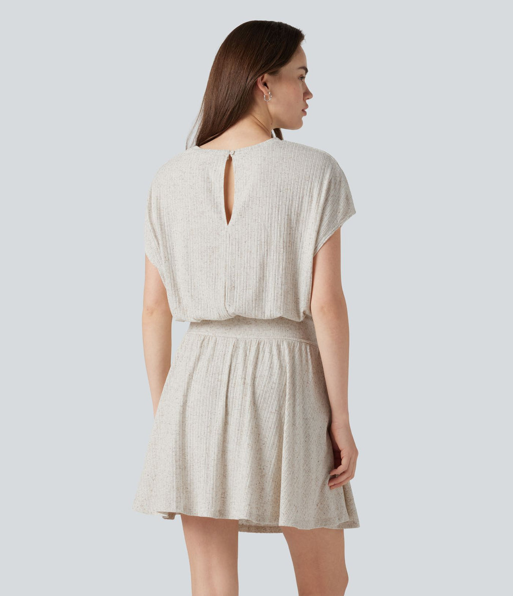 Robe mini décontractée 2-en-1 en maille côtelée mélange de lin, col V, manches courtes, coupe fluide