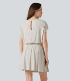 Robe mini décontractée 2-en-1 en maille côtelée mélange de lin, col V, manches courtes, coupe fluide