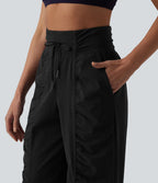 Pantalon running coupe droite taille haute à cordon de serrage et fronces séchage rapide avec poches