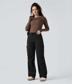 Pantalon jogging cargo velours côtelé coupe droite taille mi-haute avec cordon de serrage et poches