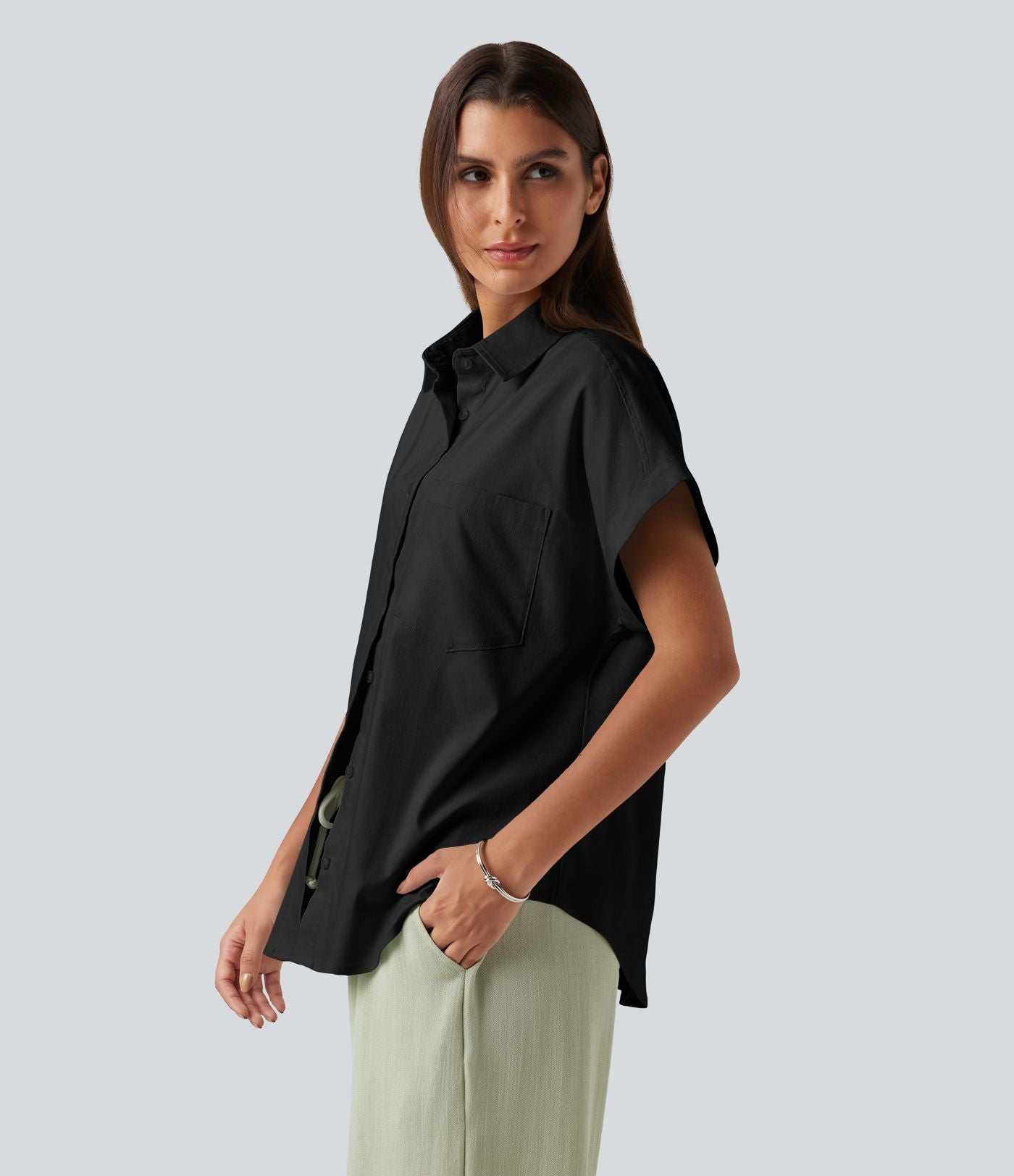 Chemise décontractée manches courtes en coton et lin avec poche