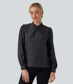 Blouse travail col montant à volants pois manches longues