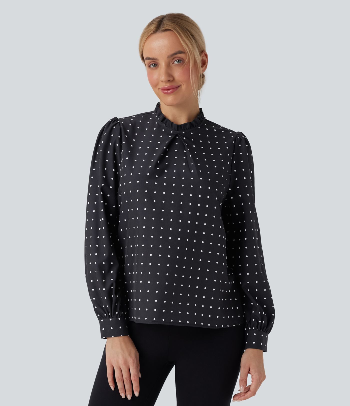 Blouse travail col montant à volants pois manches longues