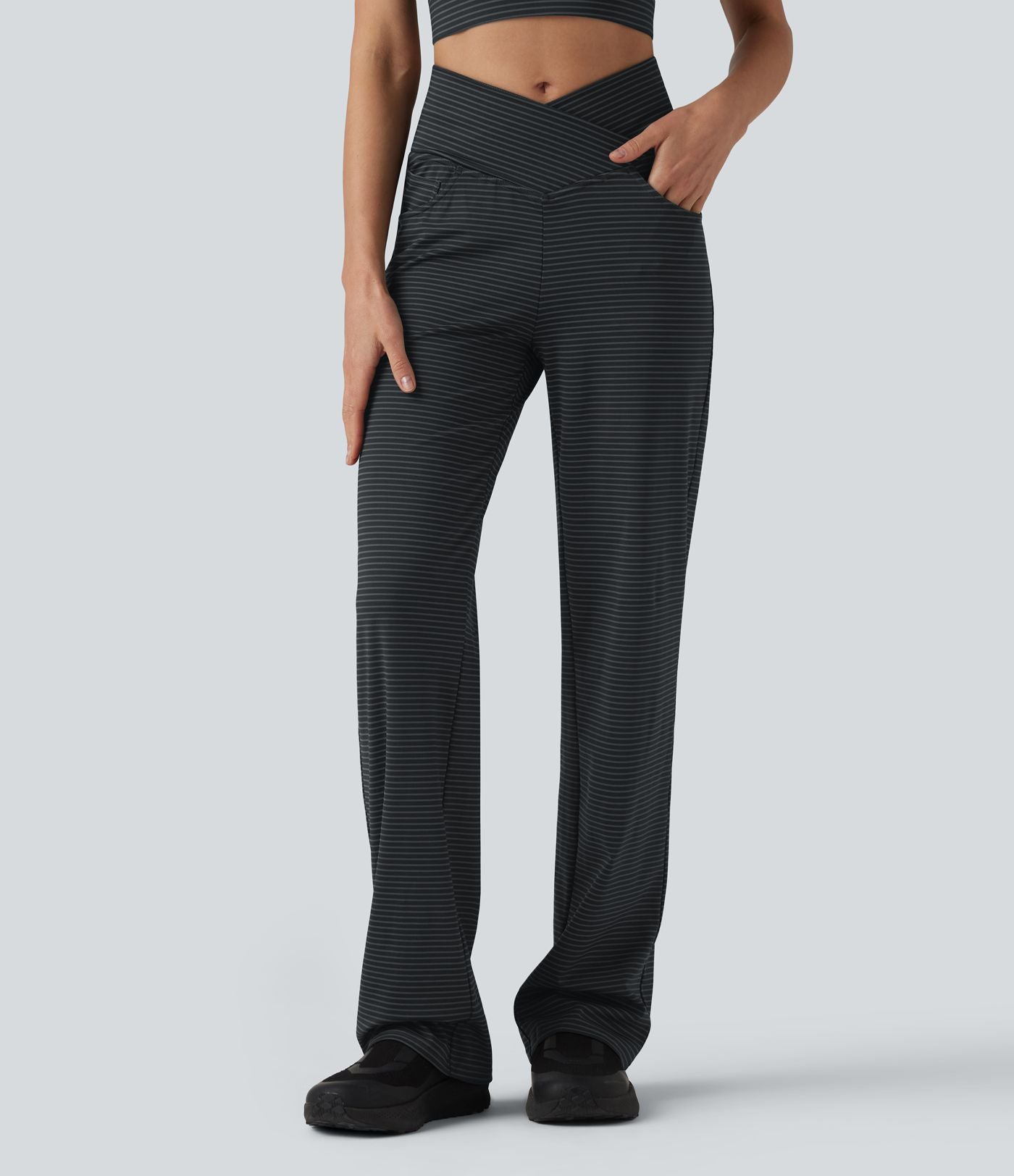 Pantalon de yoga droit taille haute croisée ventre plat à rayures avec poches