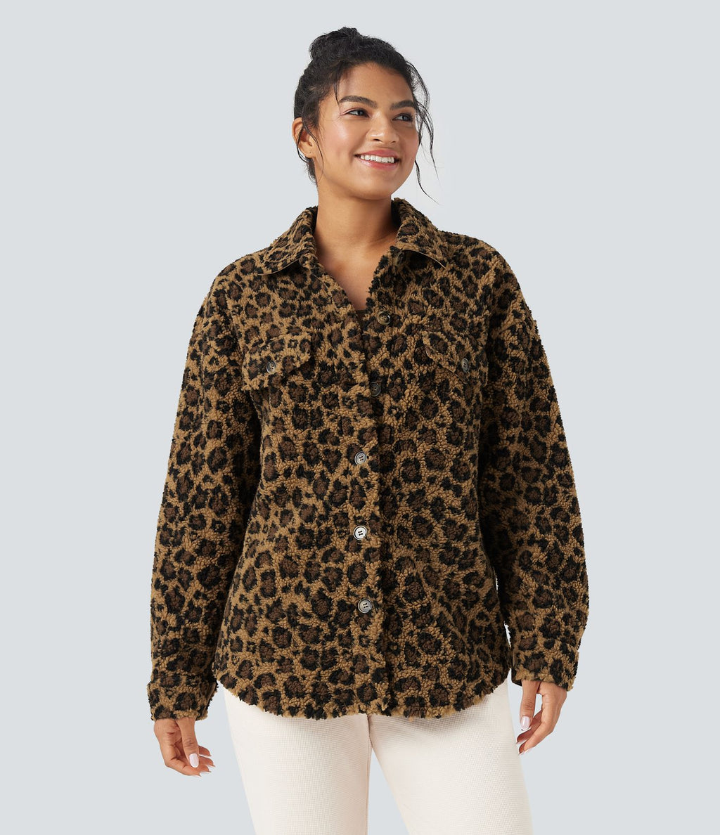 Veste-chemise sherpa col ourlet arrondi manches longues avec poches