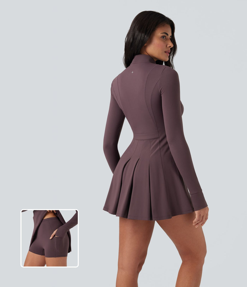 Robe de tennis active courte SoftlyZero™ Plush 2-pièces demi-zip manches longues avec trous pouces et poches