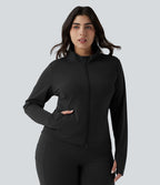 SoftlyZero™ Veste de randonnée grande taille ajustée zippée plissée à col montant avec passants pouces et poches - UPF50+