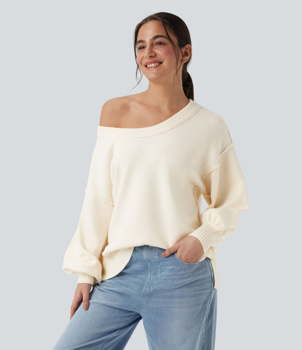 Pull casual col V épaules tombantes manches longues avec fentes