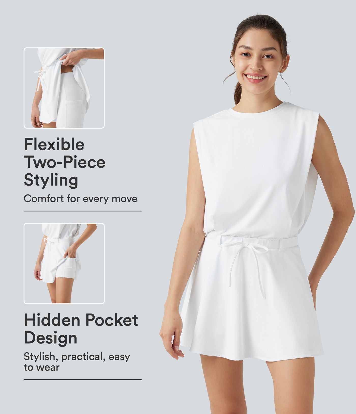 Robe de sport mini SoftlyZero™ Airy effet frais InstantCool sans manches, col rond, cordon ajustable, short amovible avec poches, protection solaire UPF50+