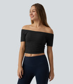 OneForm Seamless Flow Haut de sport de yoga raccourci sans couture épaules dénudées à manches courtes, avec soutien-gorge intégré
