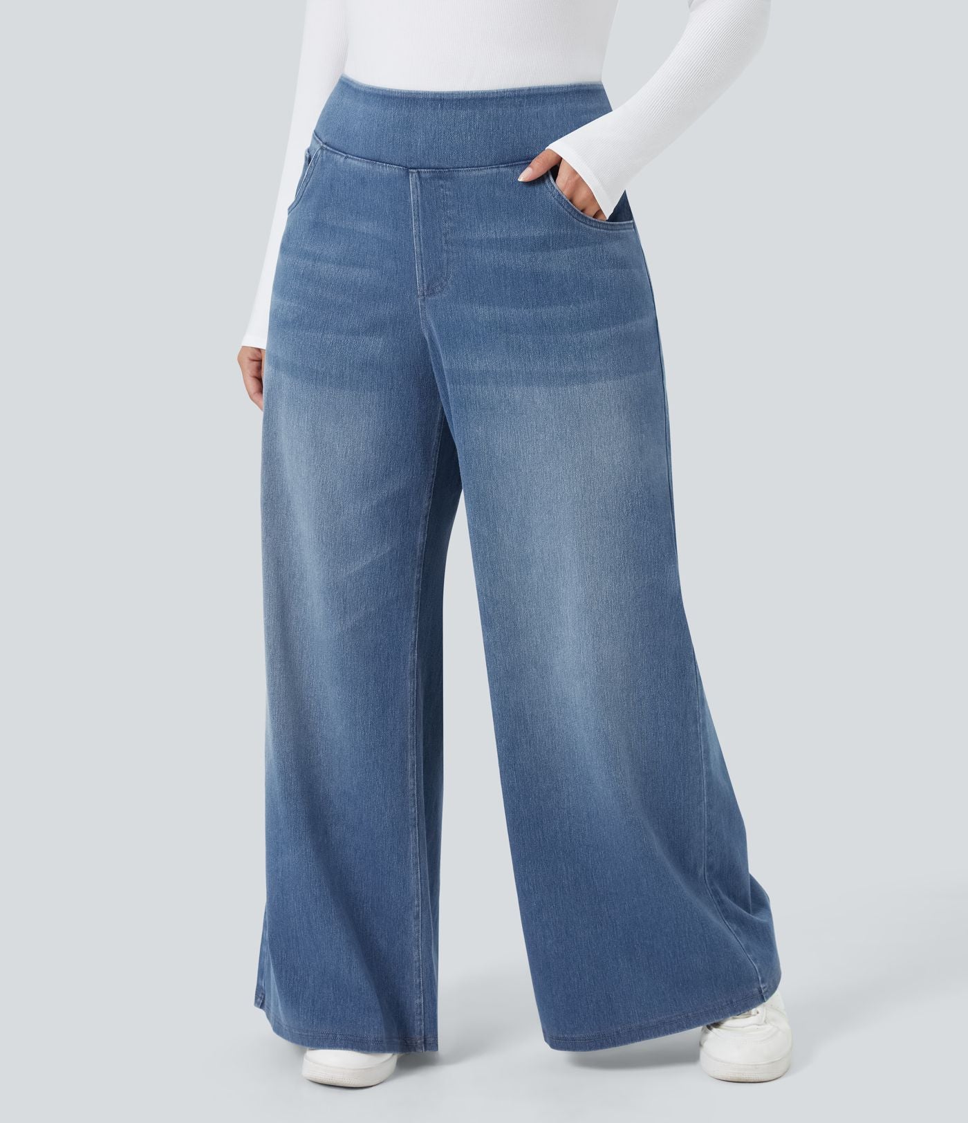 Halara Flex™ Jeans Larges Casual Taille Haute Multiples Poches Lavés Élastiques et Tricotés Grande Taille