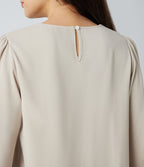 Blouse tailleur décontractée col rond dos keyhole manches bouffantes ourlet arrondi
