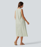 Robe débardeur midi décontractée en vichy froissé, col rond, sans manches, à poches