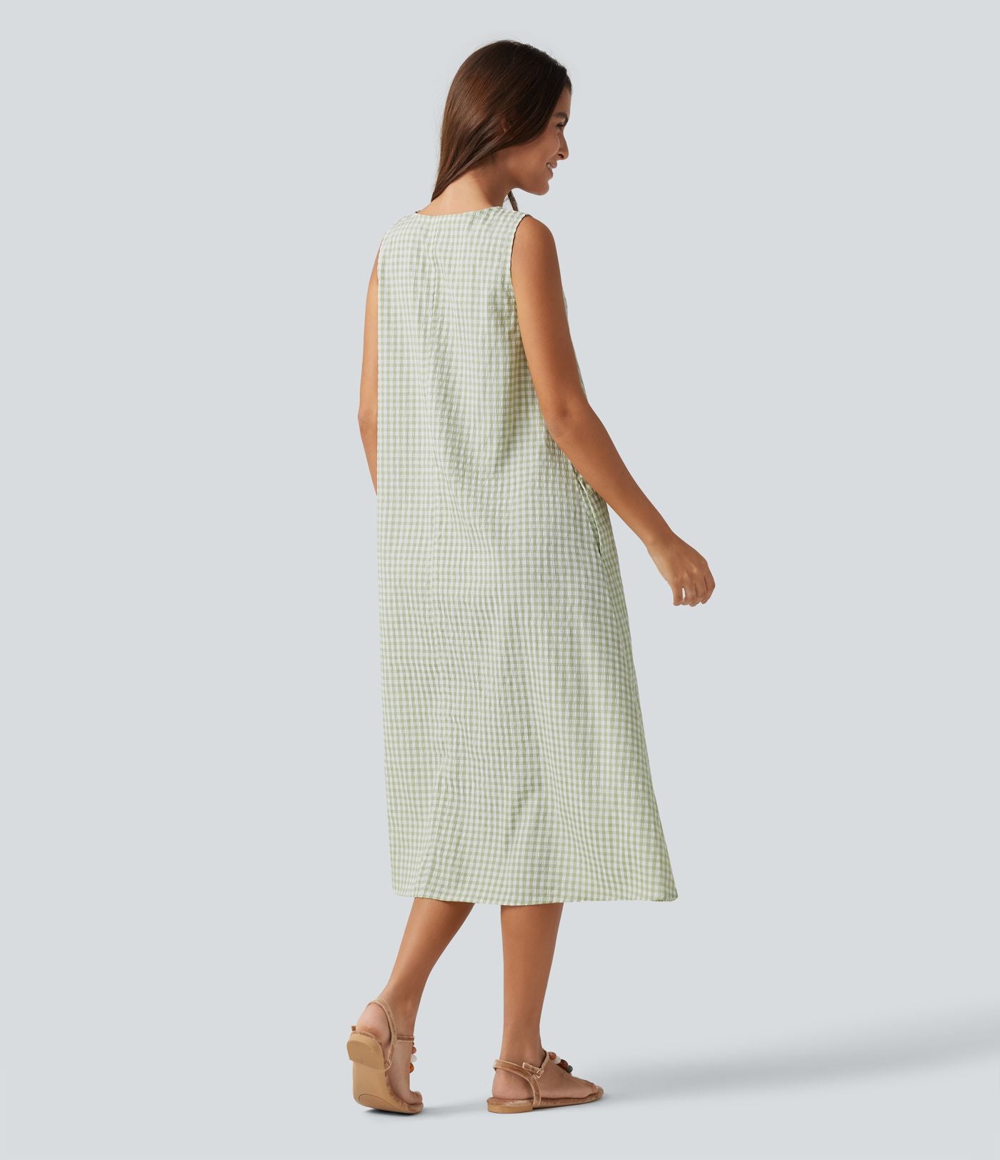 Robe débardeur midi décontractée en vichy froissé, col rond, sans manches, à poches