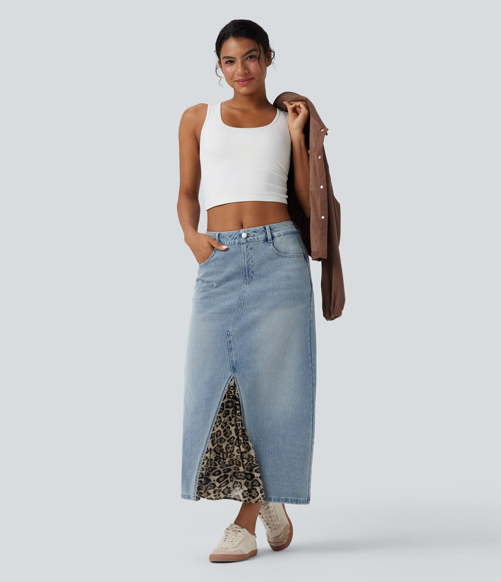 Jupe denim mi-longue Halara Flex™ évasée taille mi-haute mesh léopard contrastant avec poches