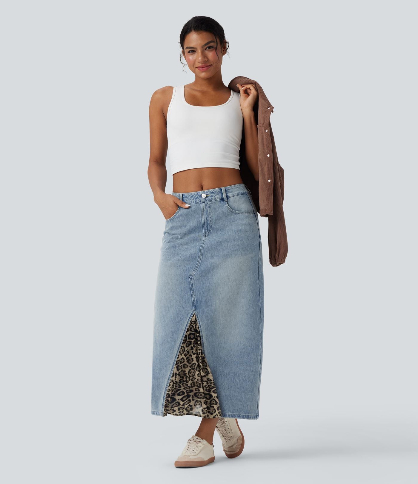 Jupe denim mi-longue Halara Flex™ évasée taille mi-haute mesh léopard contrastant avec poches