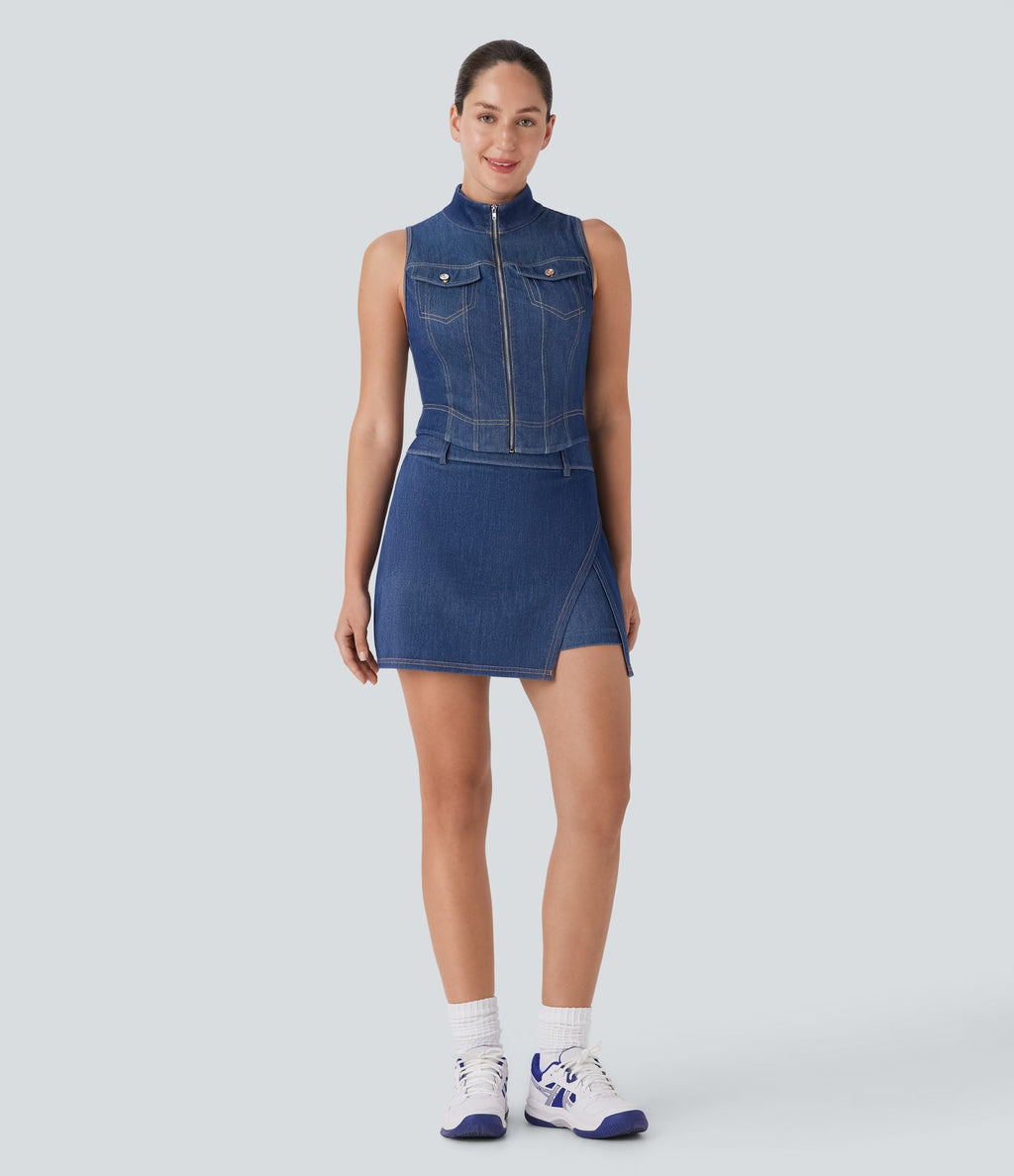 Débardeur de tennis Halara Flex™ en denim stretch délavé avec col montant, fermeture éclair et effet frais InstantCool
