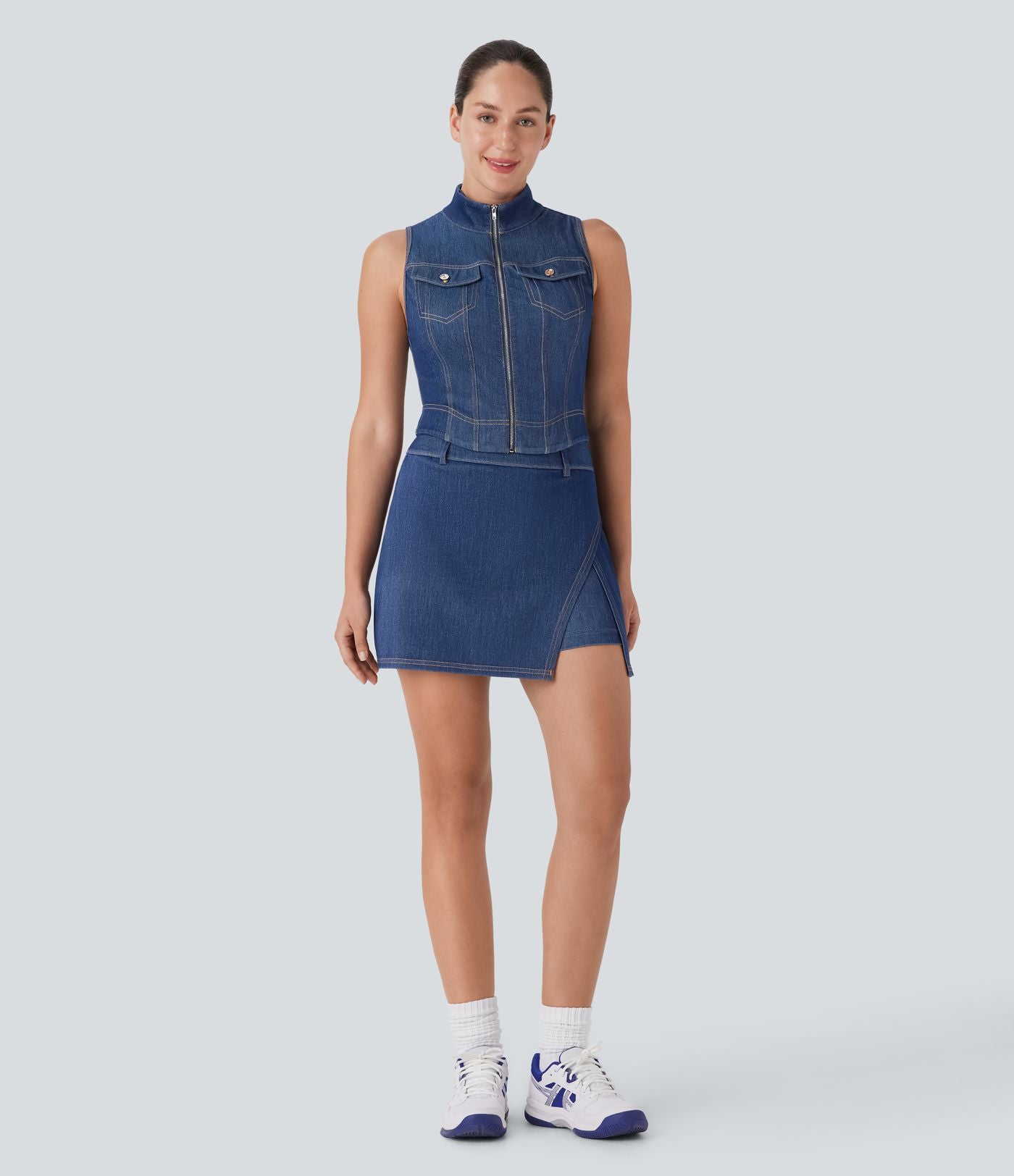 Débardeur de tennis Halara Flex™ en denim stretch délavé avec col montant, fermeture éclair et effet frais InstantCool