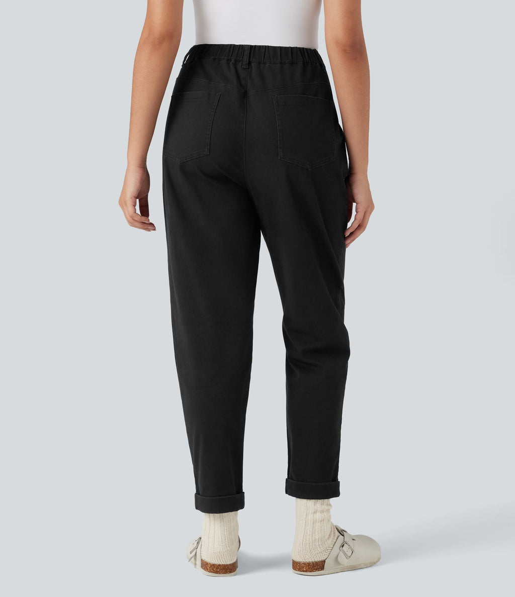 Pantalon chino coton fuselé taille haute avec poches