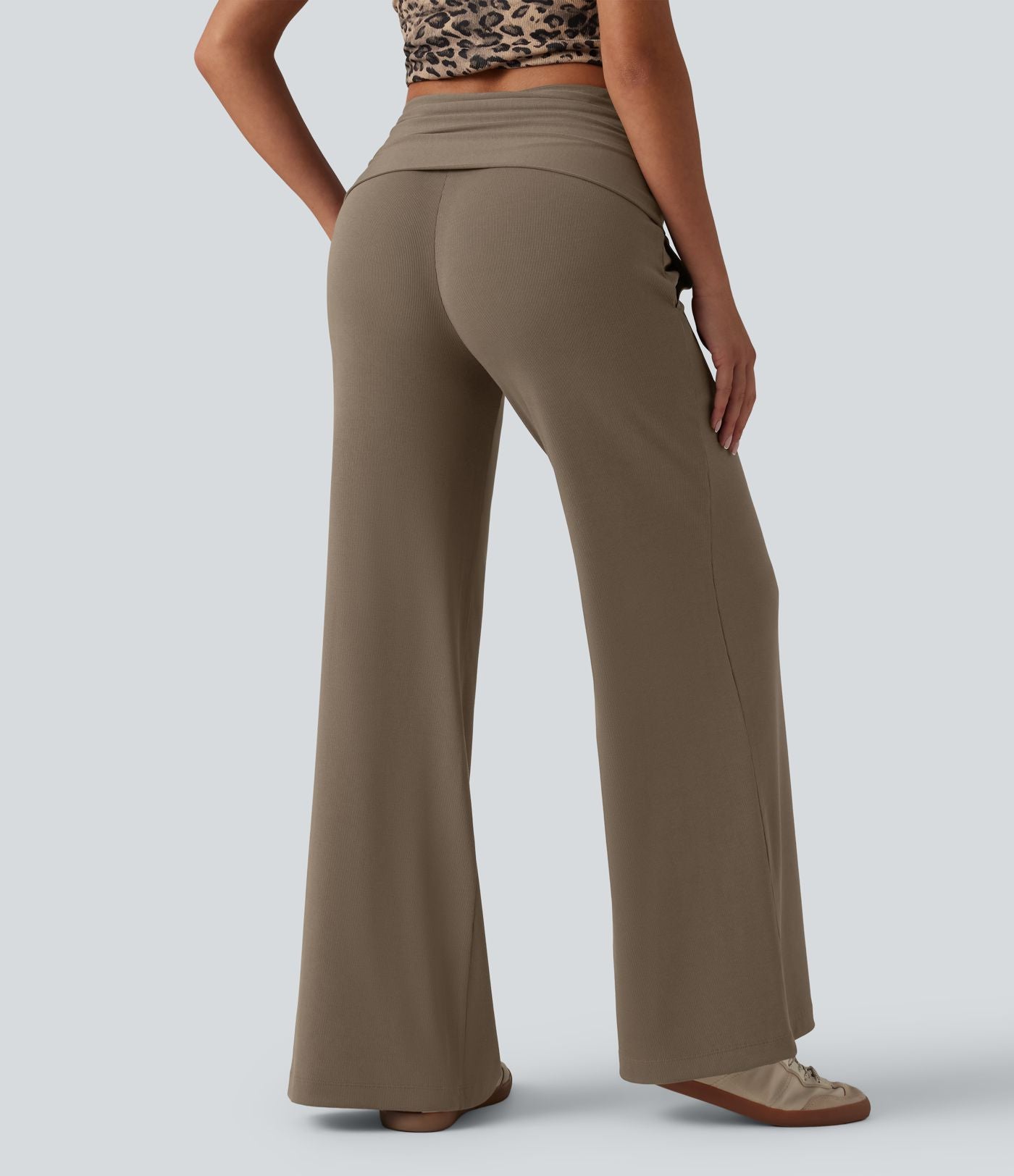 Pantalon ample décontracté en maille côtelée taille très haute rabattable avec poches