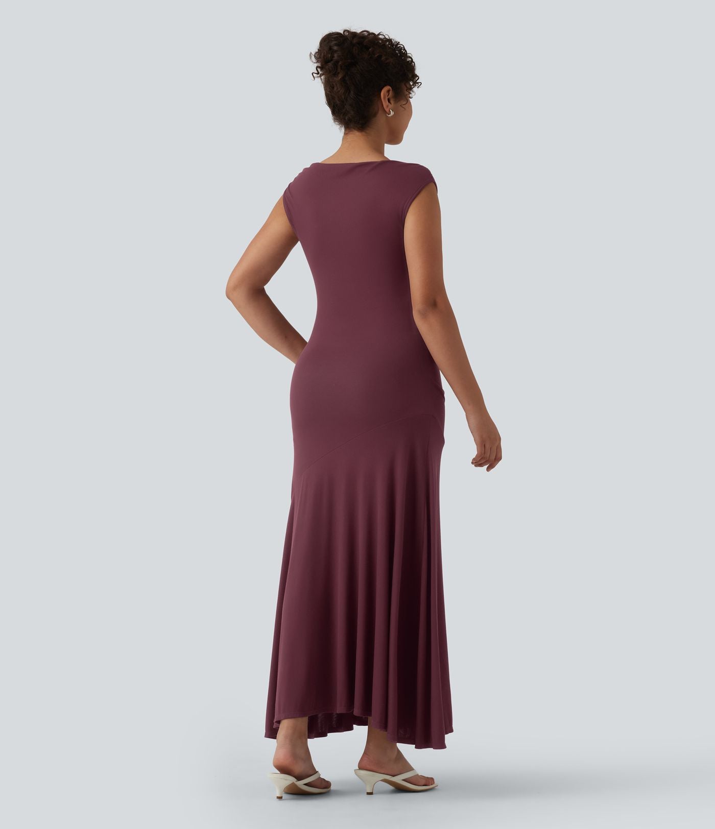 Robe décontractée maxi sans manches col drapé maille côtelée