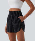 Short casual taille haute ourlet arrondi rayures avec poches