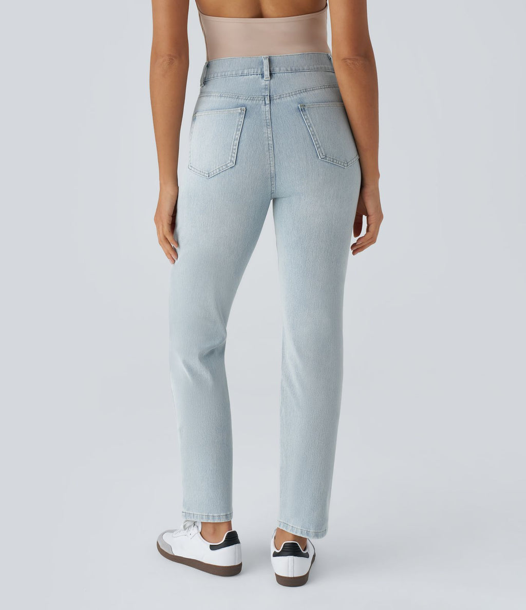 Jean droit Halara Flex™ à taille haute, poches multiples, effet délavé et tissu extensible