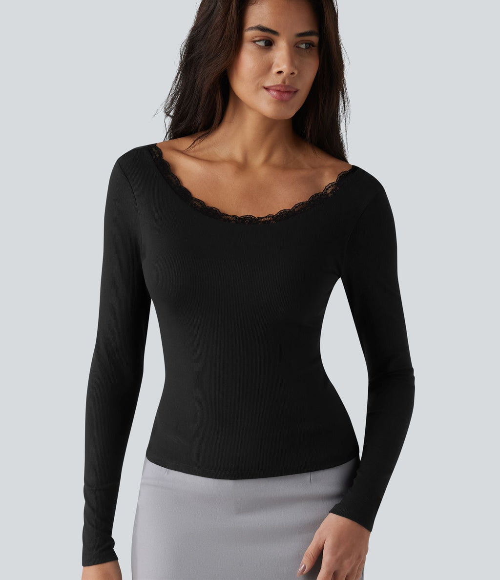 Haut casual en maille côtelée à manches longues, col rond échancré, dos en U, dentelle contrastée et soutien-gorge intégré