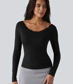 Haut casual en maille côtelée à manches longues, col rond échancré, dos en U, dentelle contrastée et soutien-gorge intégré