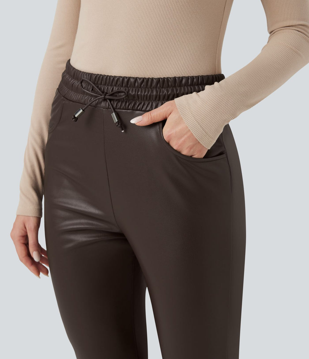 Pantalon fuselé 7/8 décontracté PU molleton extensible taille haute avec cordon et poches