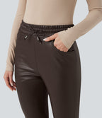 Pantalon fuselé 7/8 décontracté PU molleton extensible taille haute avec cordon et poches