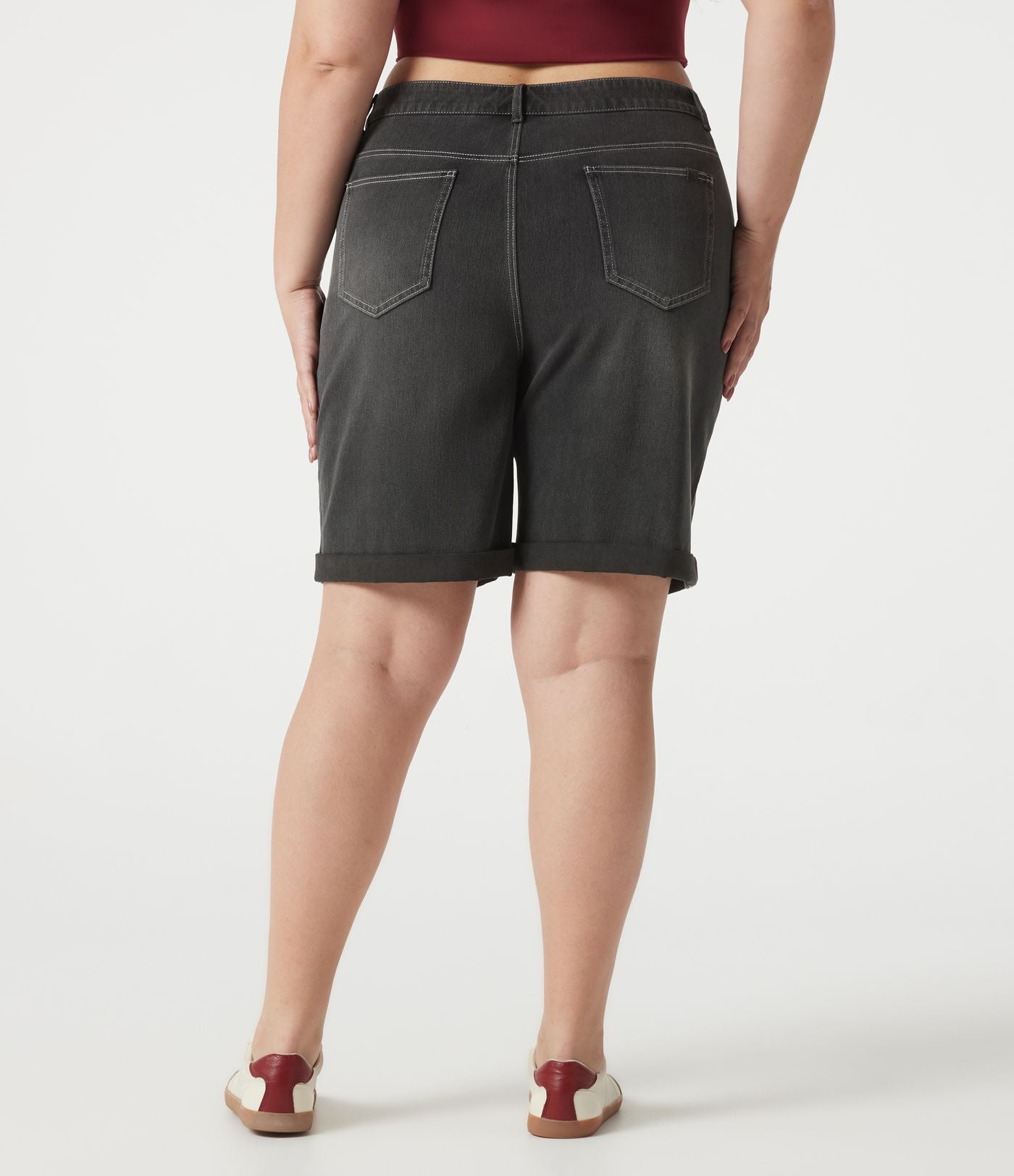 Short bermuda casual denim grande taille Halara Flex™ tricot extensible délavé taille haute multiples poches ourlet roulotté