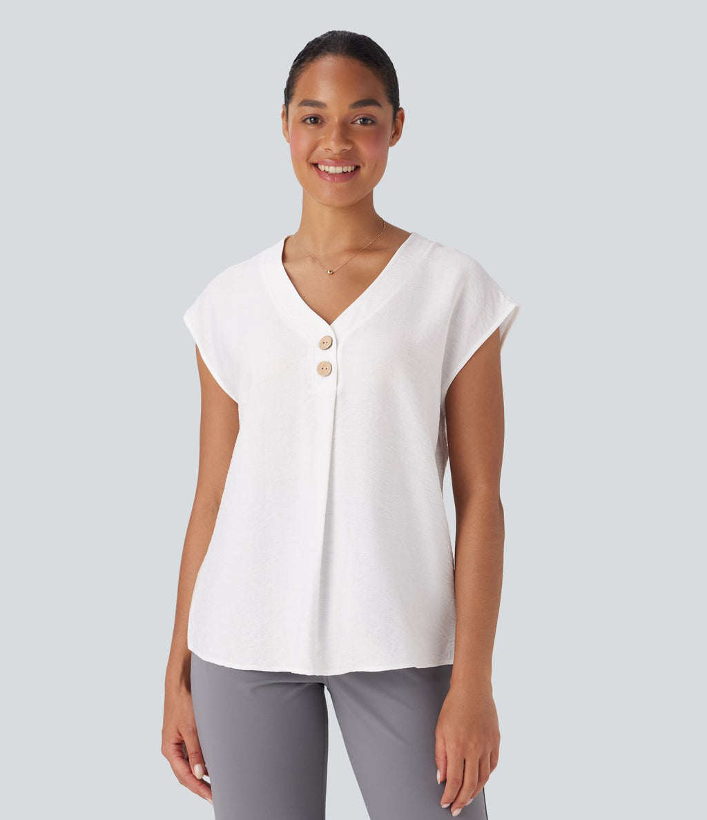 Blouse de Travail Col V Manches Courtes avec Boutons Décoratifs