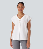 Blouse de Travail Col V Manches Courtes avec Boutons Décoratifs