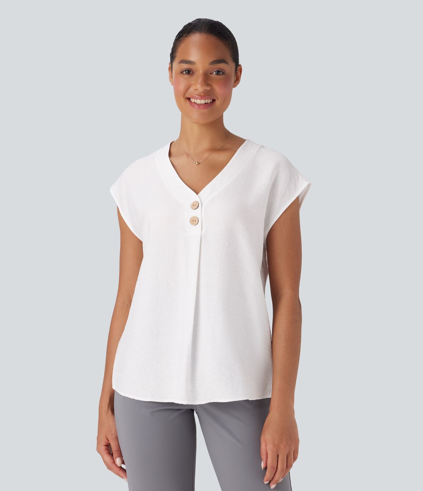 Blouse de Travail Col V Manches Courtes avec Boutons Décoratifs