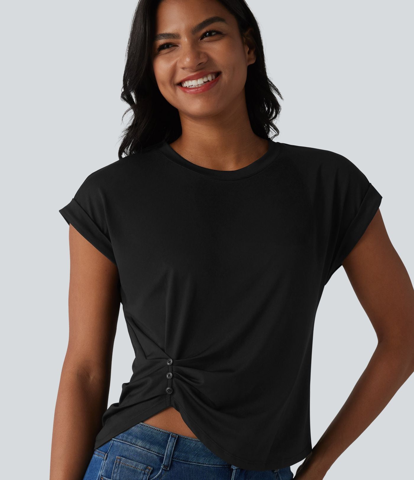 T-shirt casual col rond manches courtes avec ourlet incurvé et fentes latérales