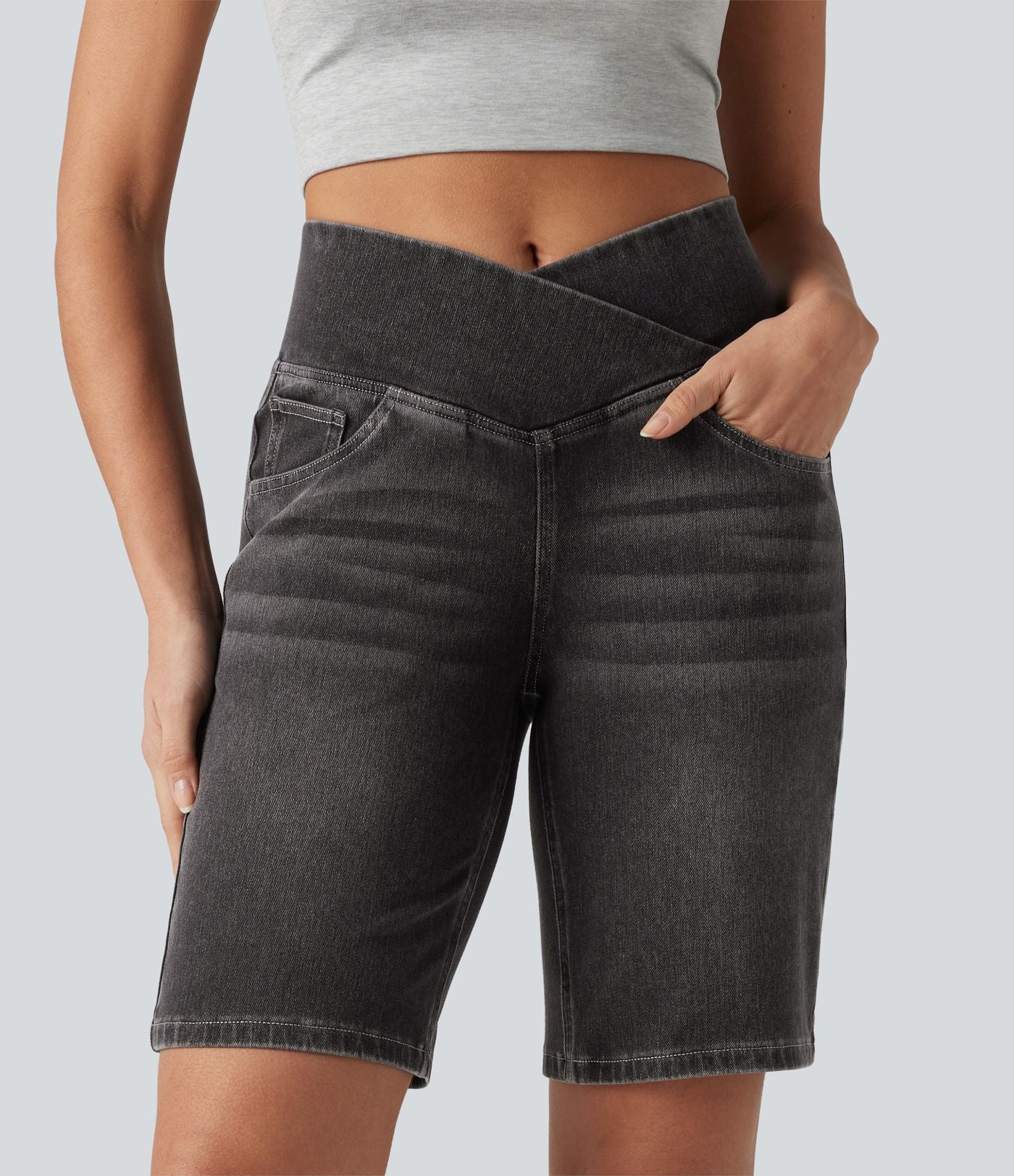 Short en jean Halara Flex™ casual gainant taille haute croisée avec poches