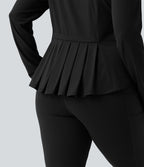 SoftlyZero™ Veste de randonnée grande taille ajustée zippée plissée à col montant avec passants pouces et poches - UPF50+