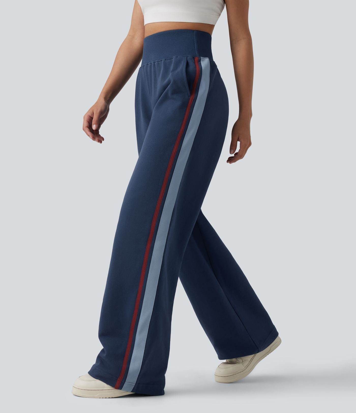 Pantalon de jogging casual coton large gainant à rayures taille haute avec poches