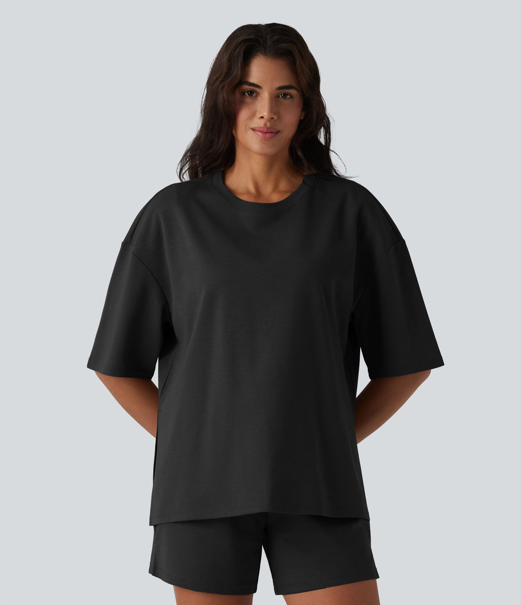 T-shirt décontracté en coton col rond manches mi-longues coupe ample à séchage rapide