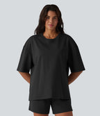 T-shirt décontracté en coton col rond manches mi-longues coupe ample à séchage rapide