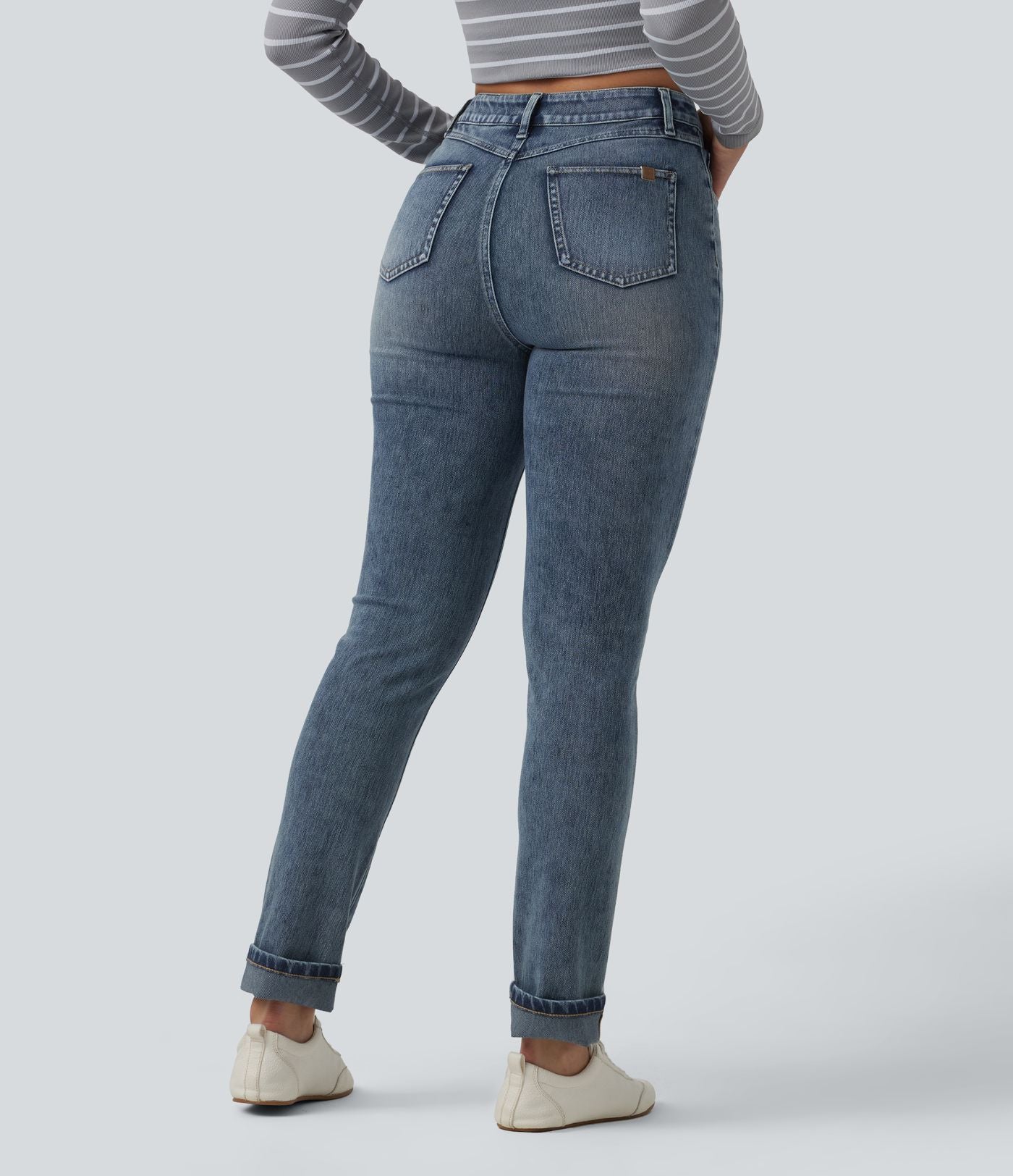 Halara Flex™ Jean slim casual taille haute à ourlet retroussé avec poches