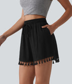 Short ample de vacances en mélange de lin taille haute avec cordon de serrage et ourlet à franges à poches