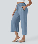 Pantalon décontracté aspect lin 7/8 à taille haute, jambe large avec cordon de serrage et poches latérales