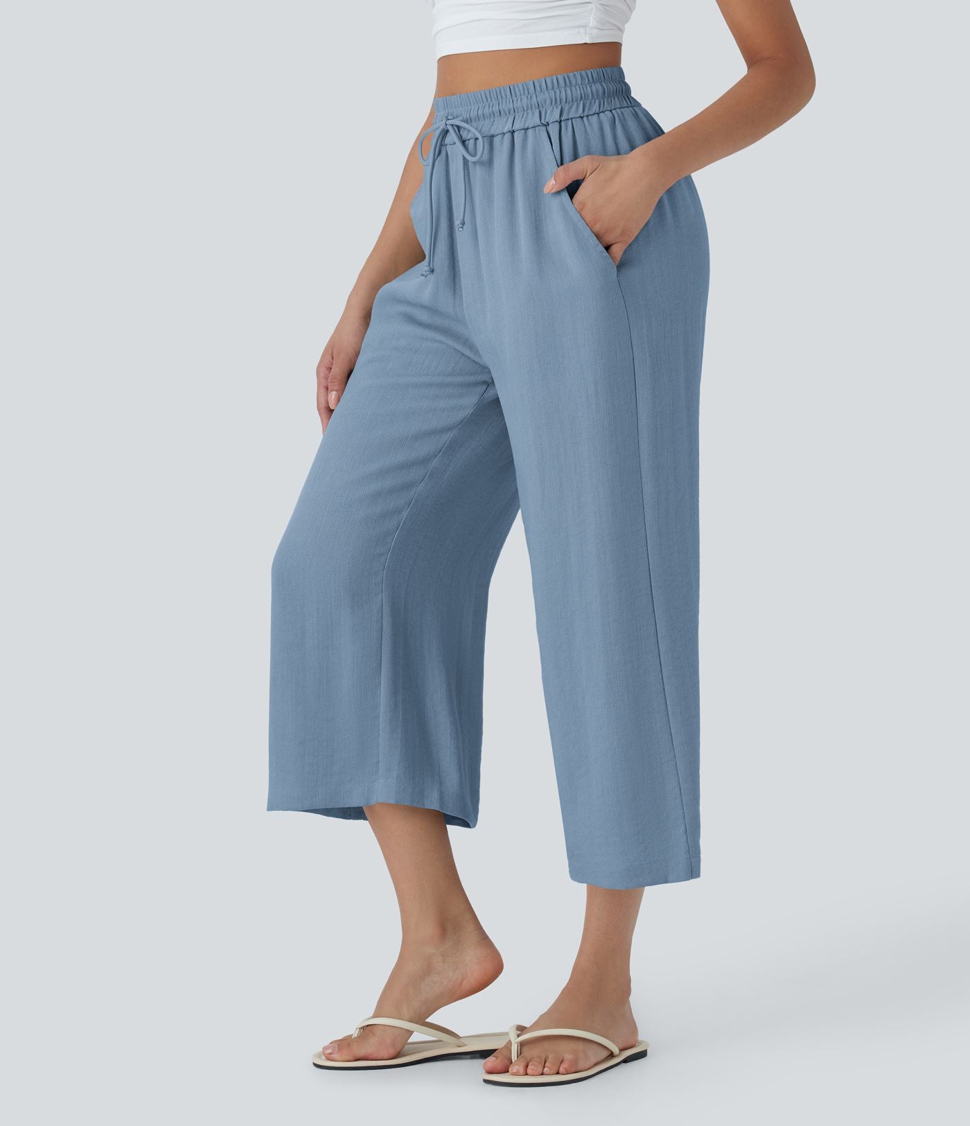 Pantalon décontracté aspect lin 7/8 à taille haute, jambe large avec cordon de serrage et poches latérales
